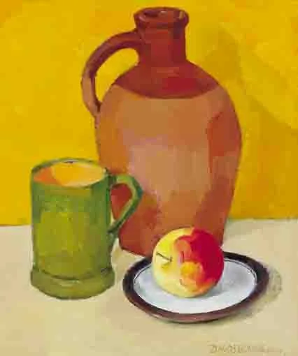 WOODEN SPOON and STILL LIFE WITH VASE AND APPLE (A PAIR) by Dennis Henry Osborne, oil on canvas board and oil on canvas (respectively), offered Nov 2003