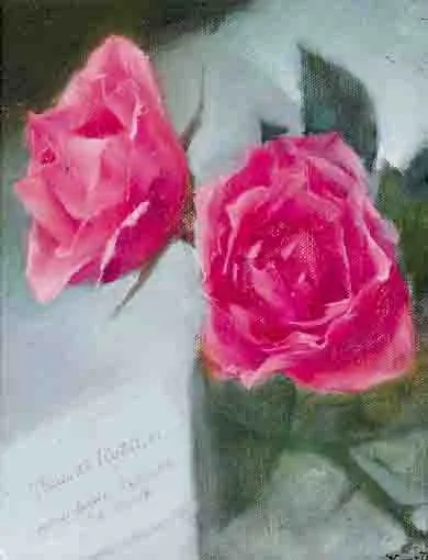 ROSES AND INVITATION by Thomas Ryan, oil on canvas laid on board, sold Nov 2003