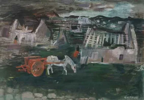 DESERTED HOMESTEADS, ACHILL by Katherine Mary Freyer, oil on canvas, sold Feb 2002