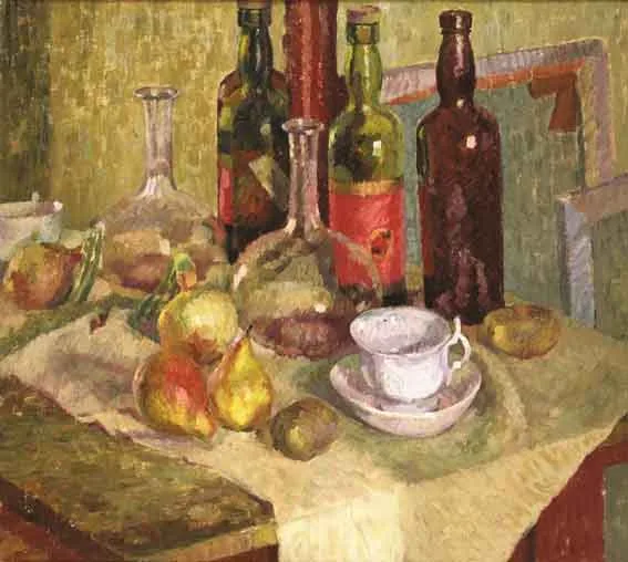 Gwen Smith, STILL LIFE IN THE STUDIO, WITH BOTTLES AND FRUIT, oil on canvas