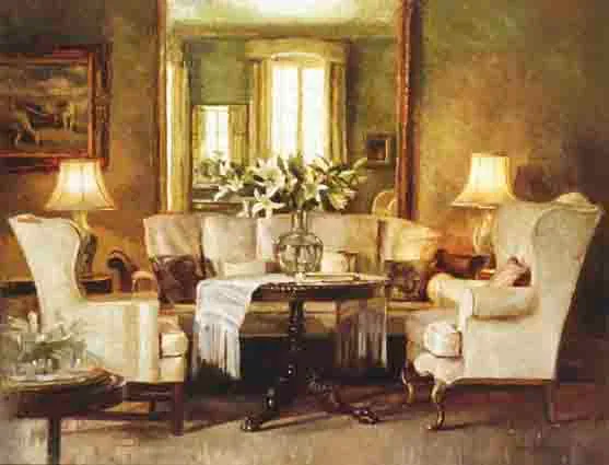 INTERIOR WITH LILLIES by Mark O'Neill, oil on board, sold Feb 2002