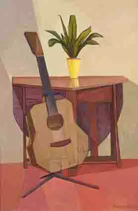 STILL LIFE WITH GUITAR by Dennis Henry Osborne, oil on canvas board, offered Feb 2002