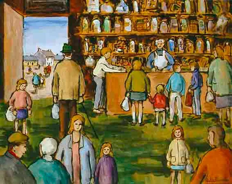 Gladys Maccabe, THE SWEET SHOP, oil on board