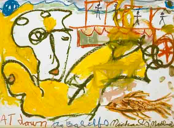 AT DAWN THE BAILIFFS by Michael Mulcahy, mixed media on paper, sold Nov 2001