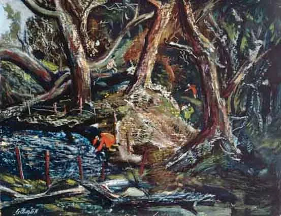 FIGURES IN A WOOD by George Campbell, oil on board, sold Oct 2001