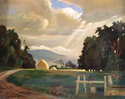 LIGHT ON THE HAYSTACKS by Ernest Columba Hayes, oil on canvas, offered Oct 2001