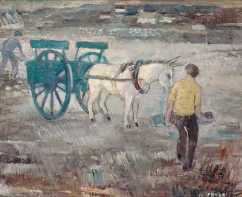 GATHERING STONES, ARAN ISLANDS by Katherine Mary Freyer, oil on canvas, sold Oct 2001