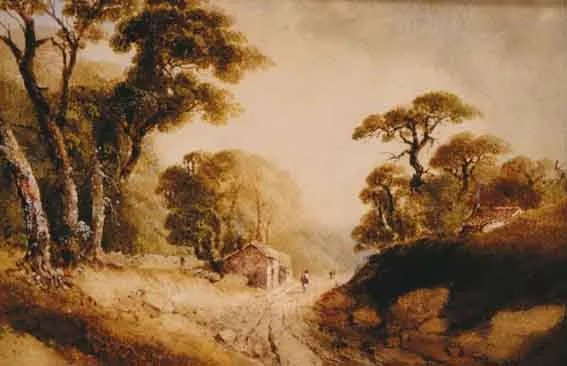 William Guy Wall, FIGURES ON A WOODED ROAD WITH COTTAGES, watercolour heightened with white