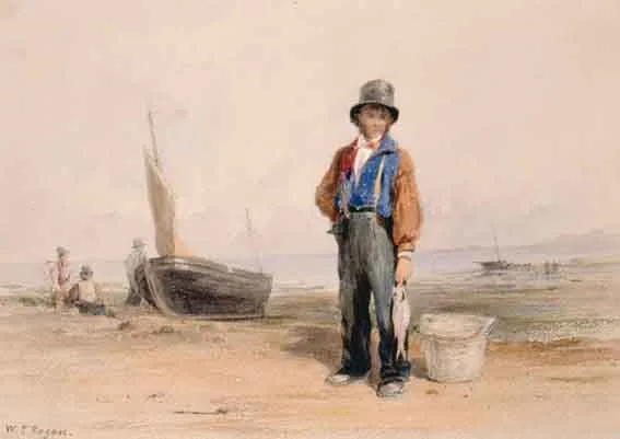 William P. Rogers, A FISHERMAN HOLDING A POLLACK, watercolour over pencil heightened with bodycolour
