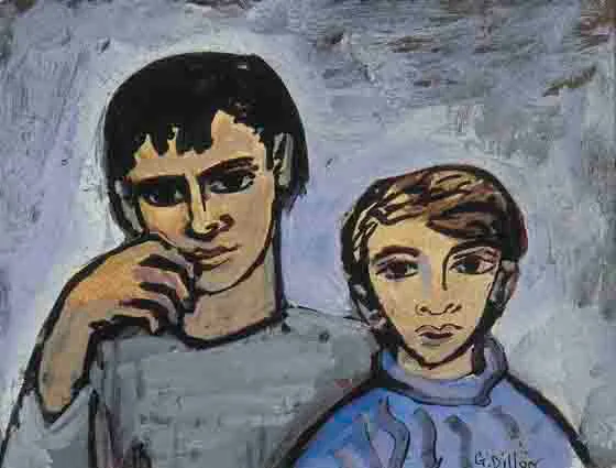 TWO HEADS by Gerard Dillon, watercolour, brush and ink over a printed base, sold Oct 2001