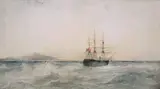 Andrew Nicholl, A BRITISH SHIP OFF ST HELENA (WITH FLYING FISH IN FOREGROUND)