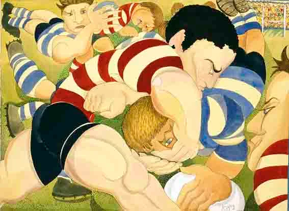 RUGBY by Pauline Bewick, watercolour and acrylic on handmade paper laid on a gessoed, sold Oct 2001