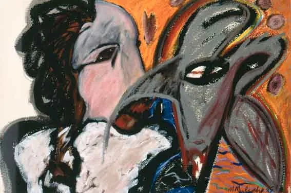 TWO HEADS by Michael Mulcahy, oil on paper, sold Oct 2001