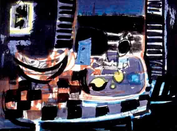 NIGHT INTERIOR, SPAIN by George Campbell, miced media on paper, offered Oct 2001