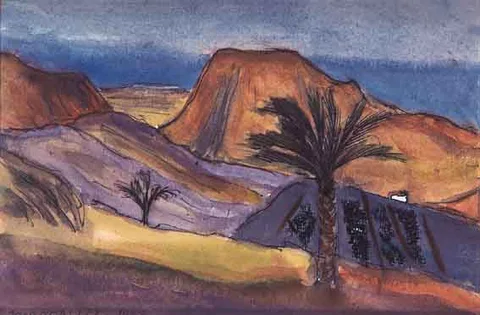 Jane O'Malley, LA CORUNA FROM MARQUEZ, LANZAROTE, watercolour, gouache and ink