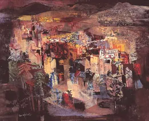 MALAGA by George Campbell, oil and collage on board, sold Jun 2001