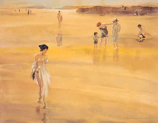 FIGURES ON A BEACH by William Russell Flint, watercolour, offered Jun 2001