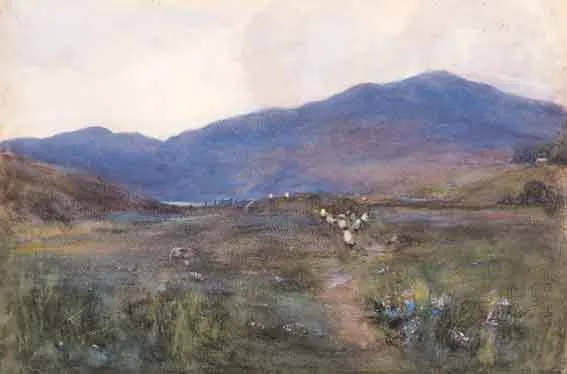 May Guinness, LANDSCAPE WITH SHEEP AND HILLS, watercolour
