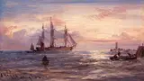 Edwin Hayes, SAILING BOAT AT SUNSET WITH LOOKOUT TOWER IN DISTANCE