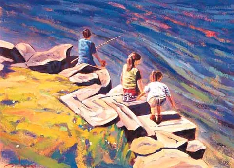 Philip Lyons, FISHING OFF THE ROCKS, CONNEMARA, acrylic on canvas