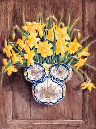 DUTCH WALL VASE AND DAFFODILS by Kathleen Marescaux, watercolour, offered Jun 2001
