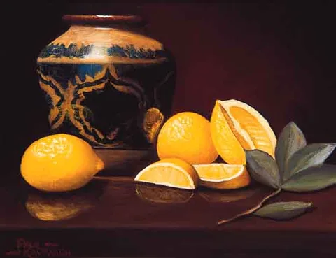 Paul Kavanagh, STILL LIFE WITH LEMONS AND BLUE AND WHITE VASE, oil on canvas