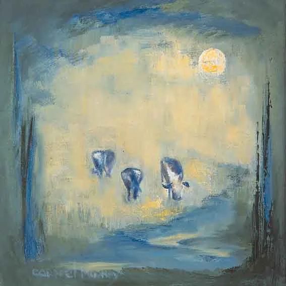 CATTLE AND SUNLIGHT by Carmel Mooney, oil on canvas, sold Jun 2001
