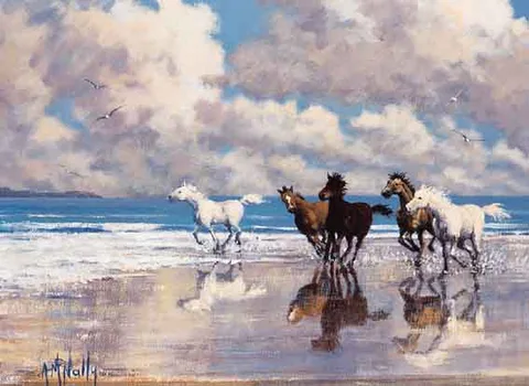 Tony McNally, WILD PONIES ON BEACH, WEST OF IRELAND, acrylic on canvas