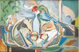 Noel Sheridan, TABLE TOP STILL LIFE WITH FRUIT AND BLUE BOTTLE