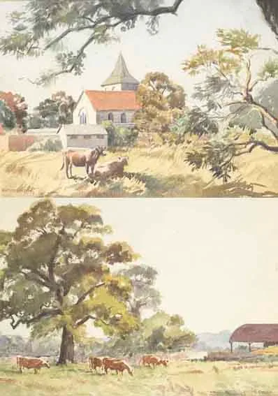 PASTORAL SCENE WITH CATTLE BEFORE A CHURCH and CATTLE GRAZING (A PAIR) by Alethea Garstin, watercolour, sold Sep 2003