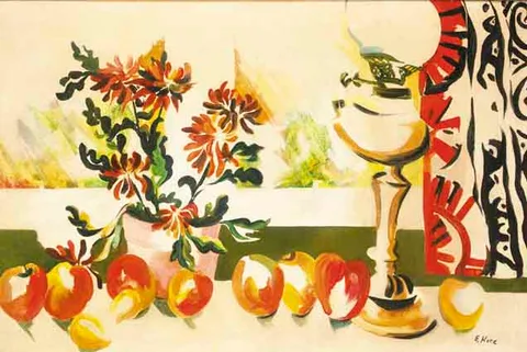 Evie Hone, WINDOWSILL STILL LIFE WITH OIL LAMP AND CHRYSANTHEMUMS, oil on canvas