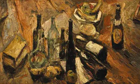 TABLE TOP STILL LIFE WITH BOTTLES by Ronald Ossory Dunlop, oil on board, offered Sep 2003
