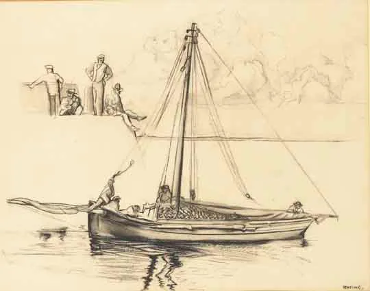 GALWAY HOOKER by Seán Keating, charcoal on paper, sold Sep 2003