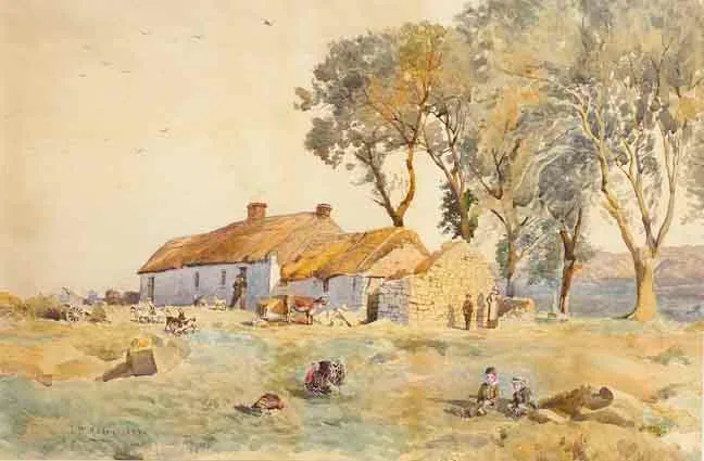 Joseph Poole Addey, AN IRISH HOMESTEAD, watercolour heightened with white