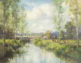 Frank McKelvey, LANDSCAPE WITH FIGURE AND CATTLE ON A RIVER PATH