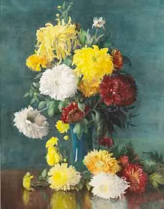 DAHLIAS IN A BLUE LUSTREWARE VASE by Lady Kate Dobbin, watercolour on prepared artist's board, sold Sep 2003