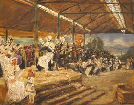 Darius Joseph MacEgan, IRISH VILLAGE, WOMEN SCUTCHING FLAX, BALLSBRIDGE, oil on canvas