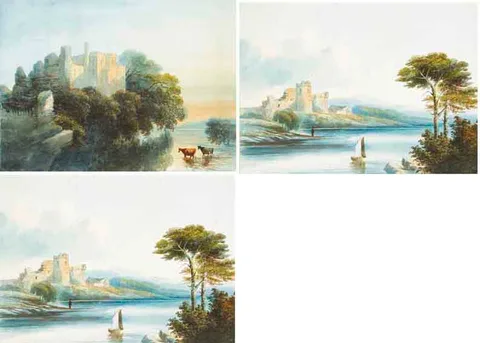 John E. Bosanquet, LISMORE CASTLE, SUN SETTING, COUNTY WATERFORD and THE BANKS OF THE AYRE [sic], SCOTLAND (A PAIR), watercolour