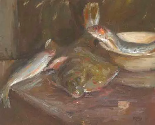 STILL LIFE WITH FISH by Paul Kelly, oil on canvas, sold Sep 2003