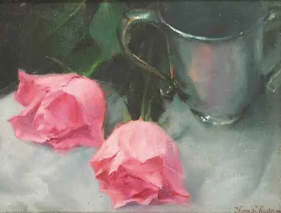 SILVER CUP WITH ROSES by Thomas Ryan, oil on canvas laid on board, sold Sep 2003