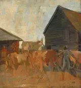 Ronald Ossory Dunlop, CATTLE BEING HERDED THROUGH A FARMYARD