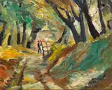 Ronald Ossory Dunlop, WOODED PATH WITH FIGURE AND FARM GATE