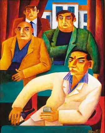 FOUR HUSTLERS by Graham Knuttel, oil on canvas, sold Sep 2003