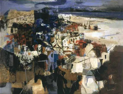 George Campbell, MALAGA HARBOUR WITH PEASANTS AND DONKEY, oil on board