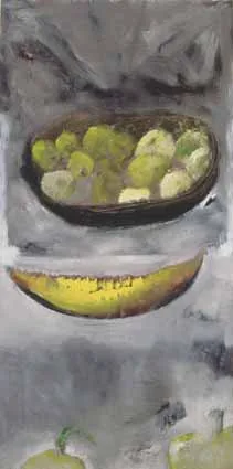 MELON SLICE AND APPLES by Patrick Hickey, oil on board, sold Feb 2003