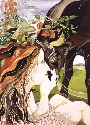 Pauline Bewick, WOMAN AND BULL, ROSSBEIGH, watercolour with pen and ink