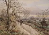 Claude Hayes, A RIDER LEADING A PACK OF HORSES DOWN A COUNTRY LANE