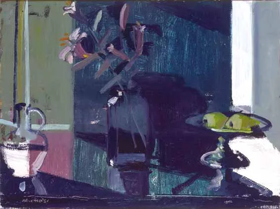 ORCHIDS AND FRUIT by Brian Ballard, oil on canvas, sold Feb 2003
