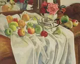 Carey Clarke, STILL LIFE WITH SILVER TEAPOT, ROSES AND FRUIT