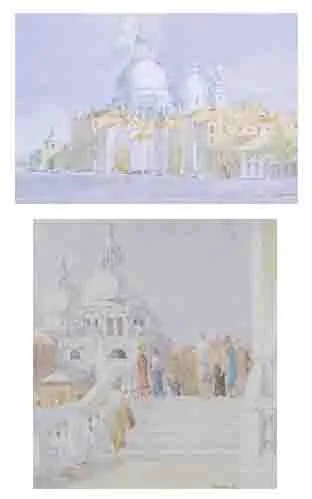 Arthur Gibney, MORNING LIGHT, VENICE and TOURISTS ON STEPS, VENICE (A PAIR), watercolour